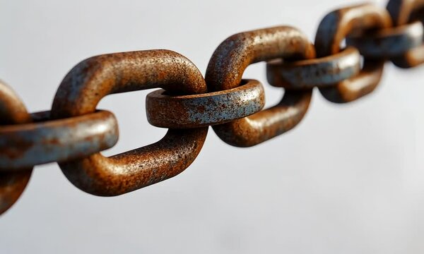 A close-up of a rusty metal chain link against a neutral background.