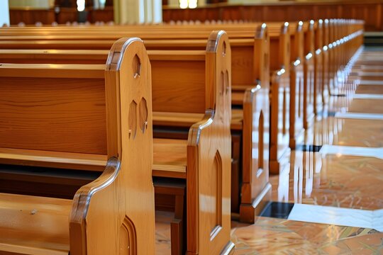 Wooden church pews arranged in a serene interior space