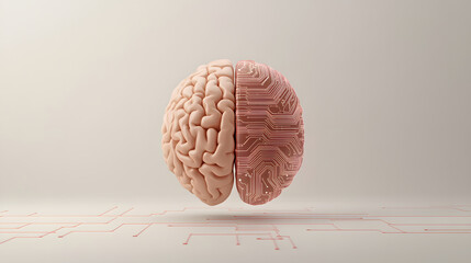 split brain artwork showcasing one half as human brain and other as circuit board, symbolizing fusion of biology and technology