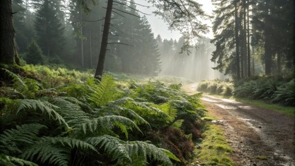 Obraz premium A misty forest path lined with lush ferns, sunlight filtering through the dense trees, creating a magical and serene atmosphere.