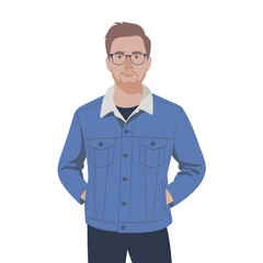  Stylish Casual Man in Blue Denim Jacket Vector Illustration