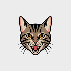  Vector Illustration of Happy Tabby Cat Head with Striped Fur and Expressive Yellow Eyes