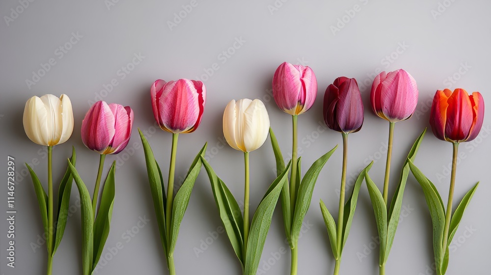 Poster bright tulips arranged in a geometric pattern against a soft gray background, close-up shot, minimal