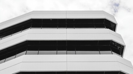 Modern white office building with dark windows against a cloudy sky.