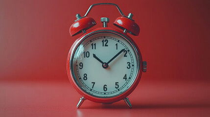 Red alarm clock on red background showing time.