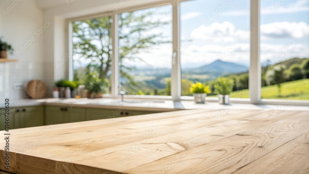 Poster wooden countertop in a kitchen with a view of a mountain range and green fields