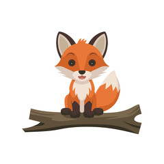 Obraz premium Cute Cartoon Fox Sitting on Tree Log Vector Illustration for Kids