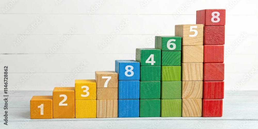 Poster A colorful wooden block staircase with white numbers increasing in size, representing progress and achievement