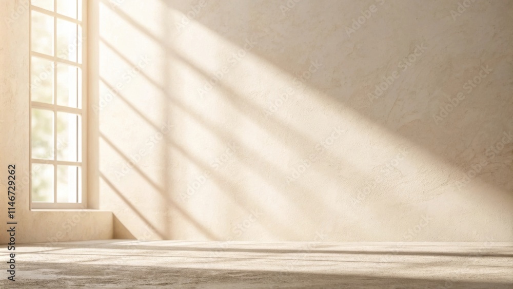 Aufkleber Sunlight streaming through a window casts long shadows on the textured wall and floor of an empty room