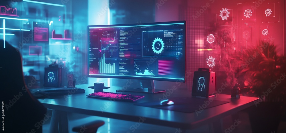 Poster a modern workspace featuring a large monitor with data analysis and vibrant lighting.