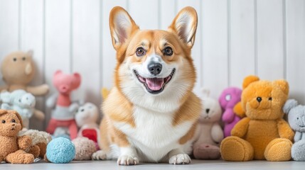 Playful corgi surrounded by toys in minimalist white studio