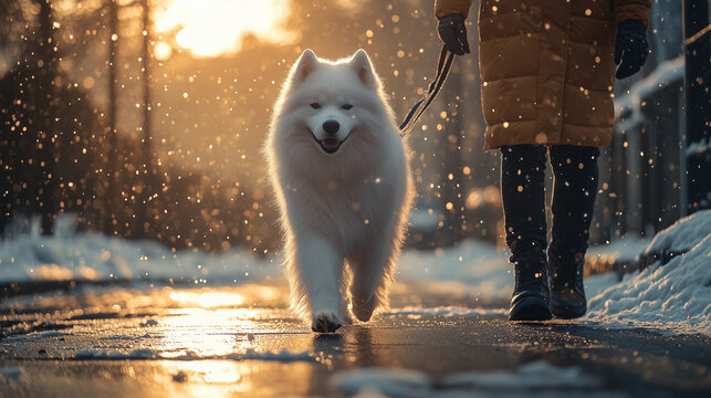 A Samoyed walking along a snowy sidewalk, a leash held by its owner slightly visible, soft natural light making its thick white fur shimmer, cool and crisp winter atmosphere