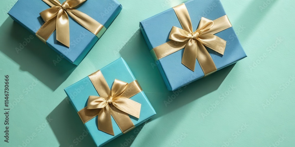 Aufkleber gift boxes with elegant gold ribbon bows arranged in a minimalist style on a soft aqua background.