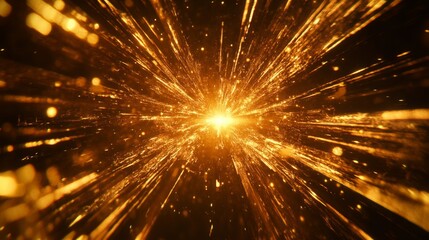 Golden lens flare glowing brightly in the center of a pitch-black background, radiant and sharp light beams spreading outward, creating a cinematic effect