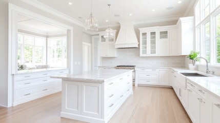 Bright white kitchen with island, cabinets, and hardwood floors.