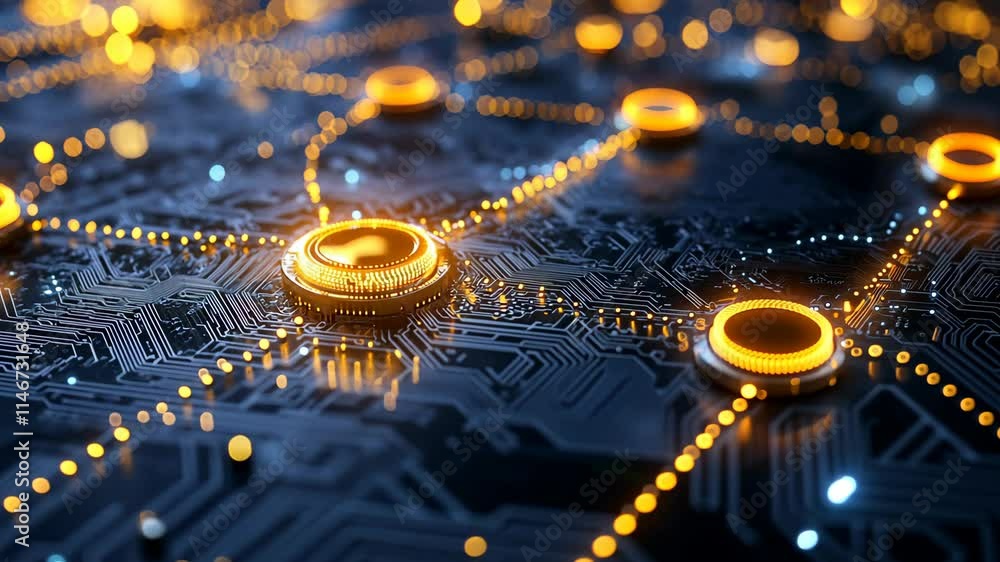 Poster network connections with glowing nodes on a dark circuit board showcasing advanced technology and di