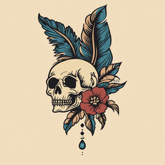 Skull and Feather tattoo flash illustration