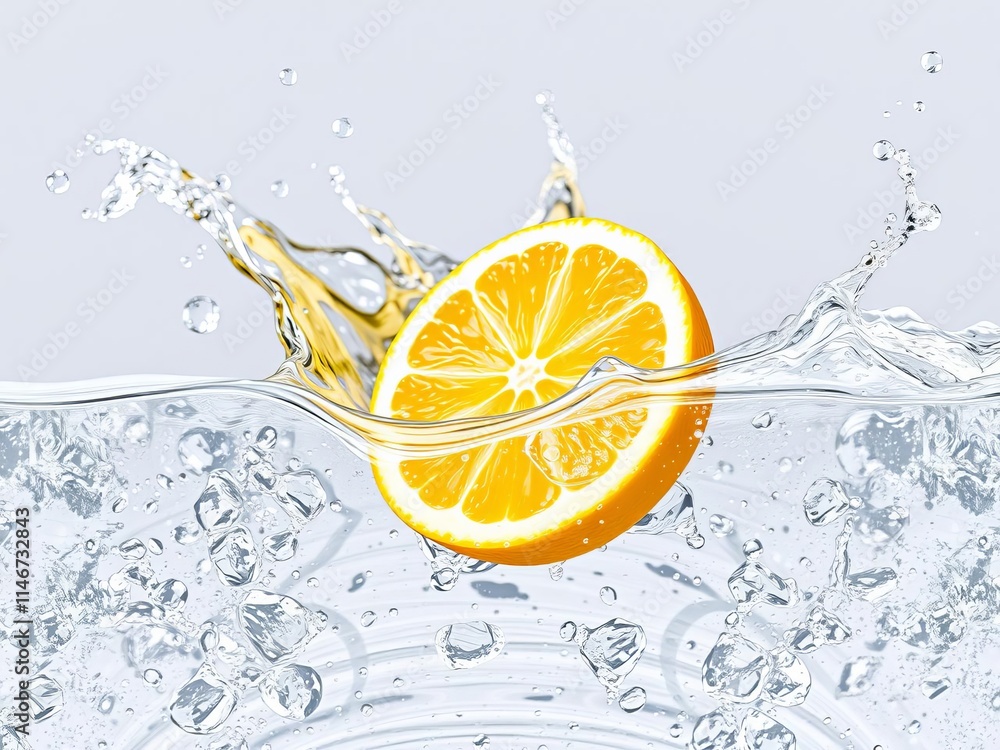 Poster a vibrant fresh lemon slice splashing into clear water, creating a refreshing and invigorating image
