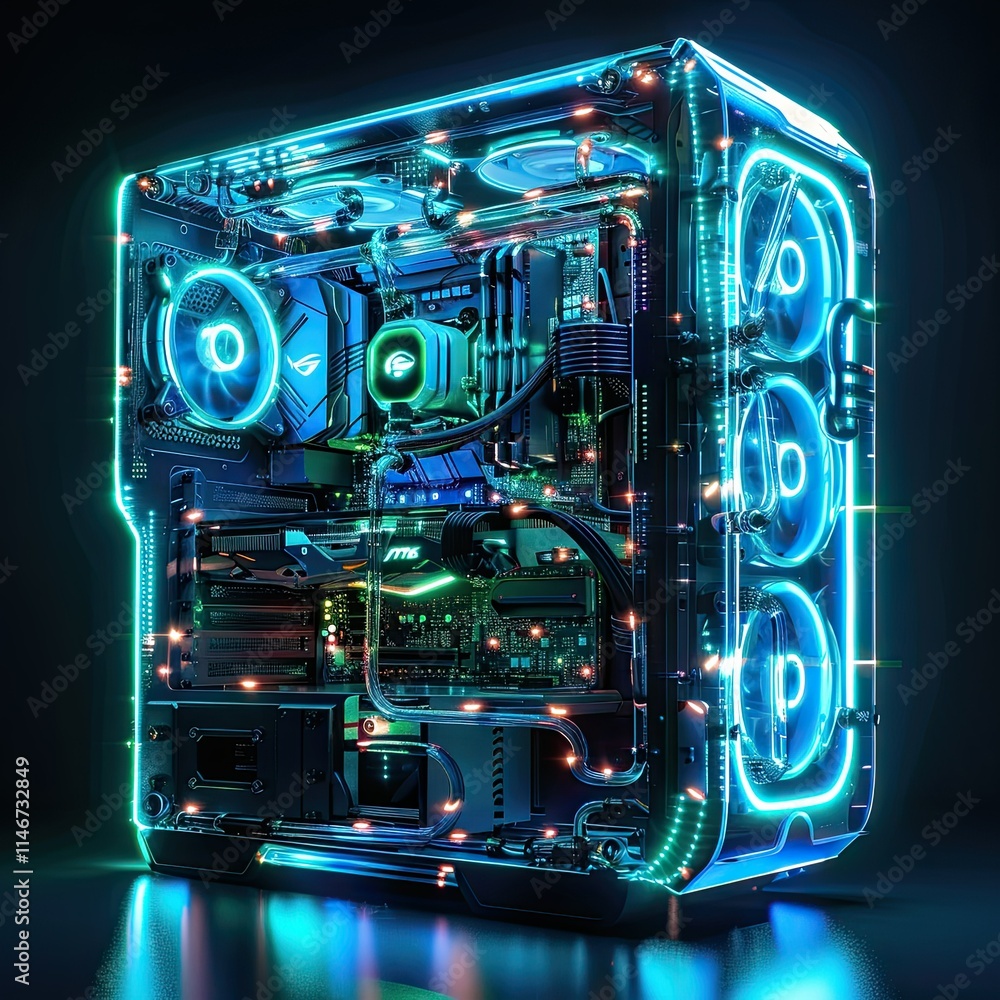 Aufkleber a futuristic computer case illuminated with vibrant led lights showcasing internal components. isola