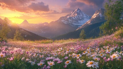 majestic sunset over wildflower meadow and mountain peaks