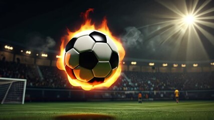 Flaming soccer ball flying in mid-air during an intense game, symbolizing passion, energy, and the thrilling excitement of competitive sports.