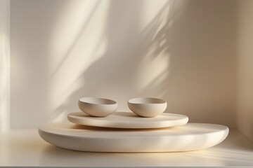 polished ceramic podium with subtle pastel tones under diffused soft lighting