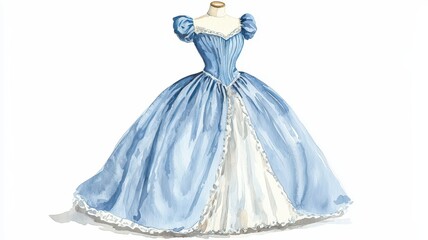 A beautiful blue gown with puff sleeves and a flowing skirt, featuring delicate lace accents, perfect for a fairytale or formal occasion.