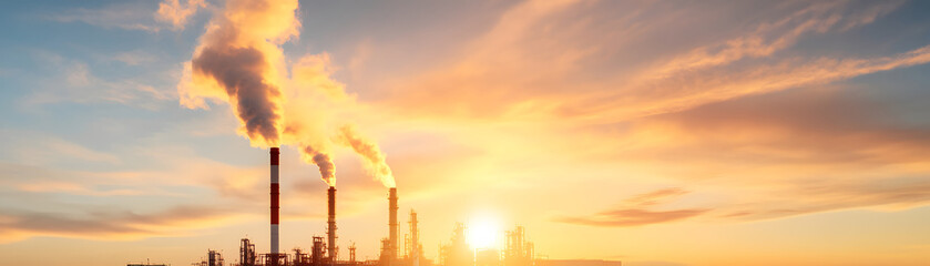 sprawling petrochemical complex with smoke stacks against sunset sky