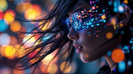 Woman in VR Glasses with Neon Circuit Lines and Hologram Effects, Futuristic