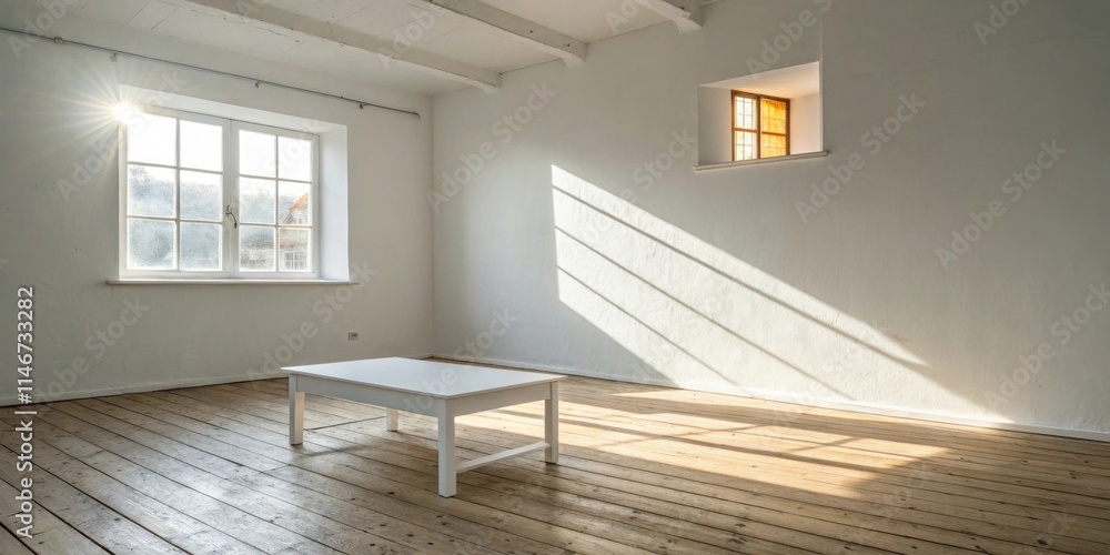 Poster sunlight streaming through a window casting long shadows on a wooden floor in an empty room with a w