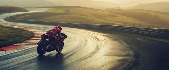 A motorcyclist navigating a wet racetrack during sunset.