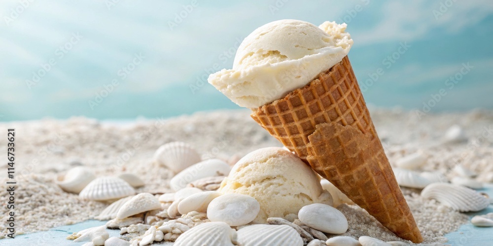 Poster a refreshing treat on a sandy beach with a waffle cone ice cream melting into a pile of seashells