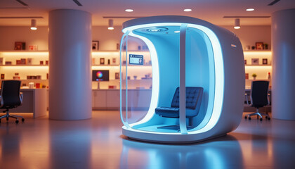 Innovative pharmacy concept showcasing futuristic health booths and advanced technology for patient interactions