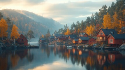 Fototapeta premium Serene lakeside village with autumn foliage reflecting in calm waters.