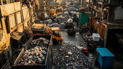 Aerial view of overflowing dumpsters and garbage trucks in a densely populated urban alley.