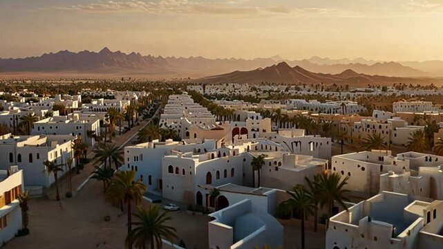Panoramic view of a desert village with white adobe buildings surrounded by palm trees under a golden sunset sky, showcasing traditional desert architecture and serene ambiance.