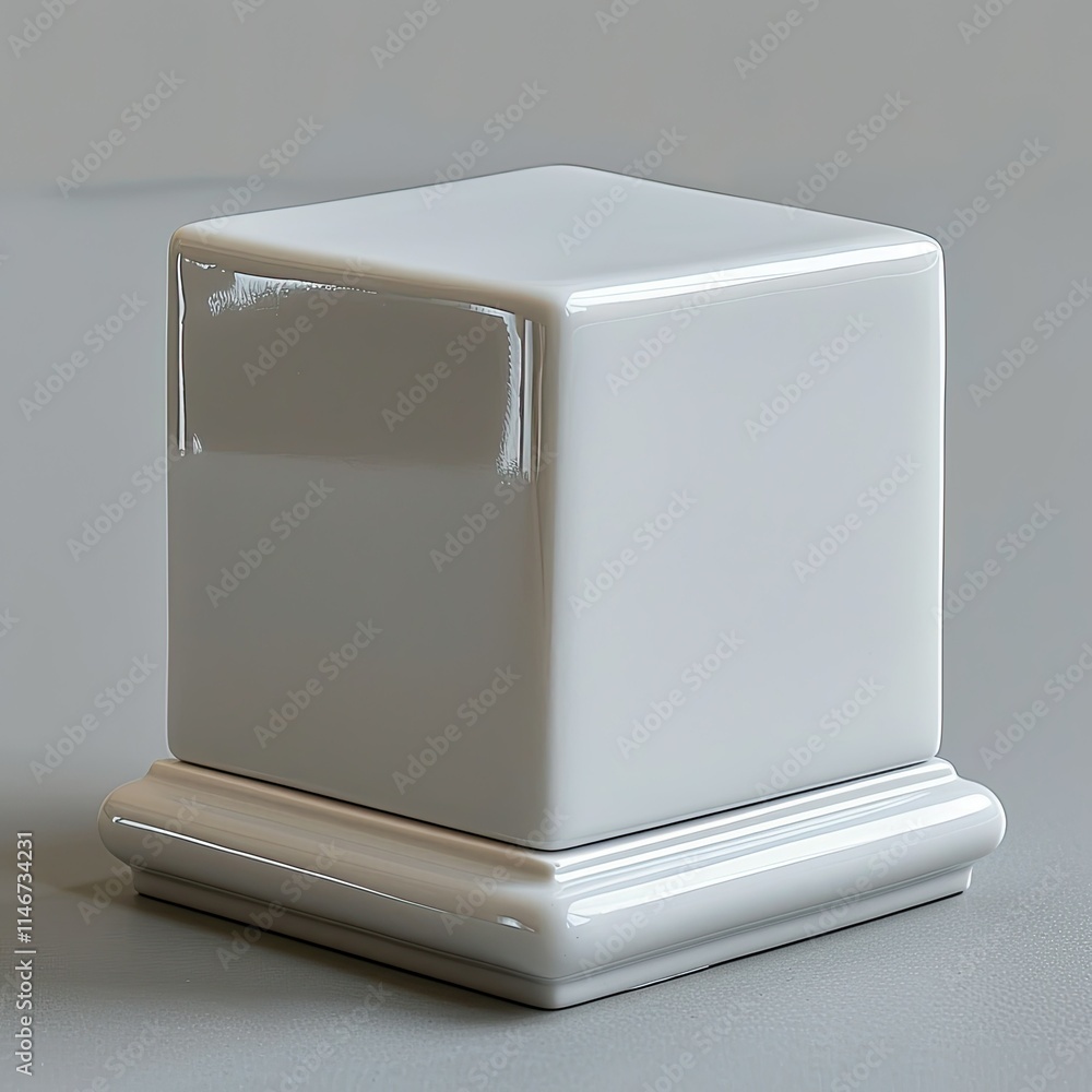 Poster a glossy white cube-shaped object with a decorative base. isolated on white background