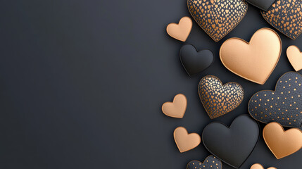 Luxurious black and gold Valentine Day card design featuring metallic hearts on dark background, evoking elegance and romance