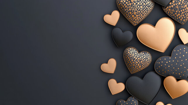 Luxurious black and gold Valentine Day card design featuring metallic hearts on dark background, evoking elegance and romance