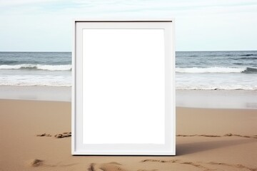 blank white frame with black thin frame mockup on the beach sand, hyper realistic, picture taken from top, top view, top angle, no image, no text