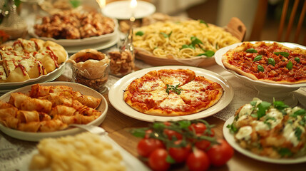 Obraz premium A family gathering displays an array of Italian dishes including pizza, pasta, and appetizers