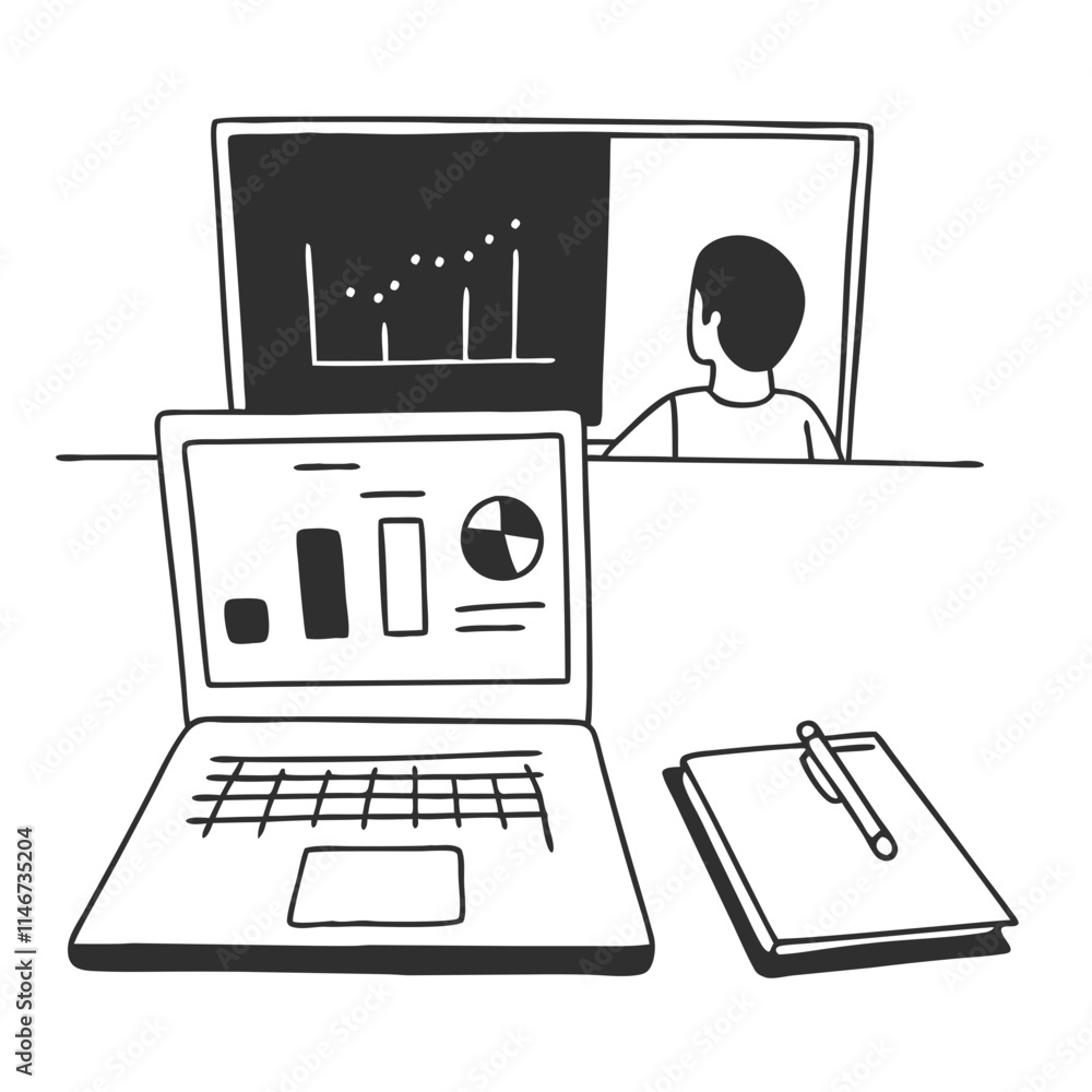 Poster office workstation with charts on screen and notepad for data analysis