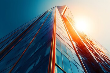 Skyscraper reaching towards the sun with a clear blue sky.