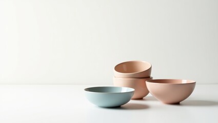 Pastel pink and light blue empty bowls on white table