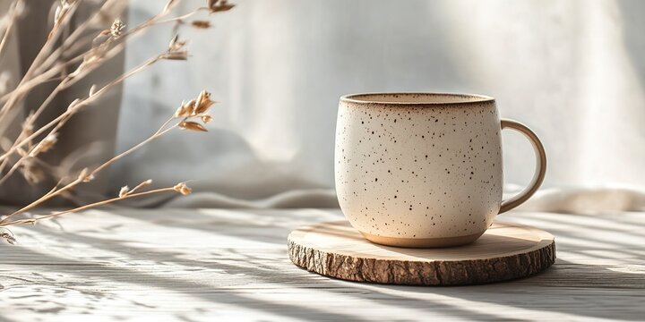 Fototapeta ceramic mug with minimalist design placed on textured wooden coaster
