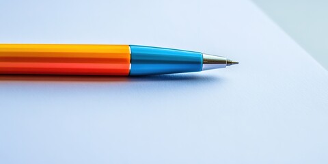 colorful pen lying diagonally on simple white sheet of paper under bright natural light