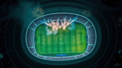 Obraz premium Vibrant Aerial View of Soccer Stadium with Colorful Fireworks Display