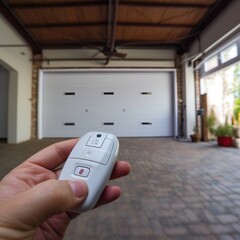 Garage door PVC. Man use remote controller for closing and opening