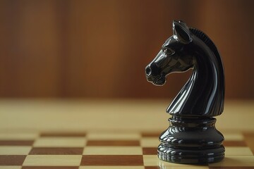 glossy black chess knight standing alone on wooden chessboard under focused light