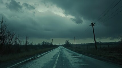 Moody and Atmospheric Landscape of a Lonely Highway Under Dramatic Stormy Clouds with Wet Pavement and Barren Trees, Perfect for Nature or Travel Themes